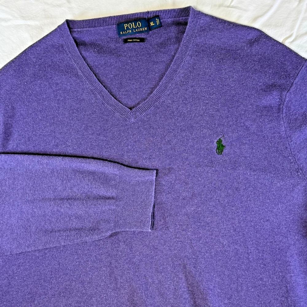 Polo Ralph Lauren Purple V-Neck Sweater Pima Cotton Blue Pony Logo Men's Size XL